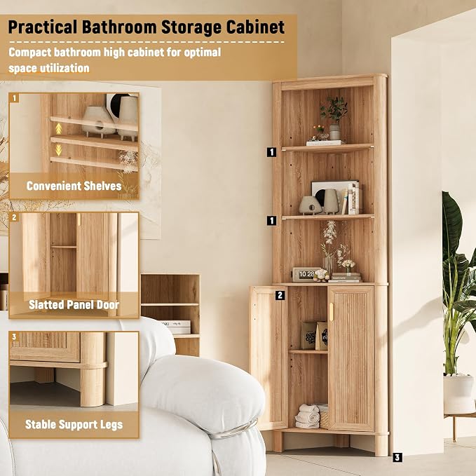 69" Tall Corner Shelf with Doors, 6-Tier Corner Storage Cabinet with Doors - Image 3