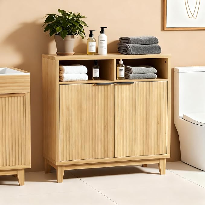 Fluted Cabinet with Doors, Modern Accent Storage Cabinet with Solid Wood Legs & by FiveWillowise