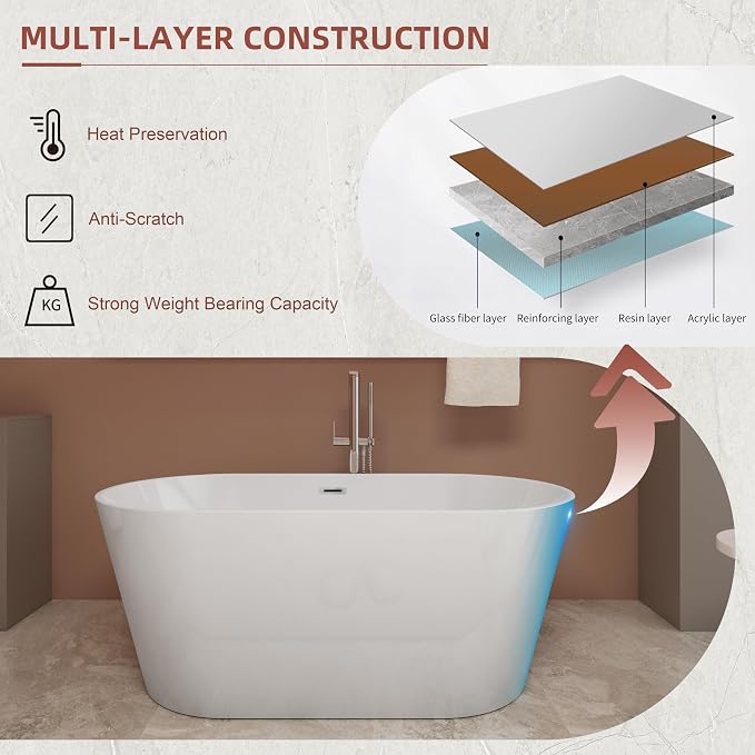 55 inch Freestanding Bathtub, Modern Soaking Stand Alone Bathtubs, Free - Image 7
