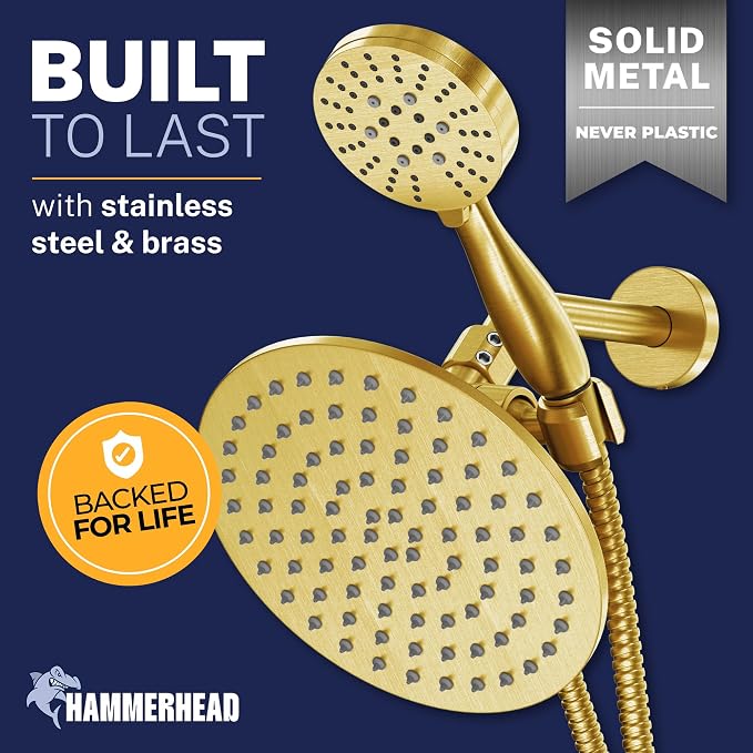HammerHead Showers® Solid Metal Dual Shower Head Combo – BRUSHED GOLD – 8 Inch - Image 2