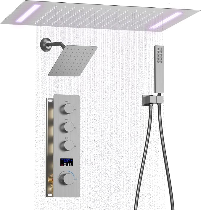 Digital Display Shower System Brushed Nickel Shower Faucet Set by KATAIS