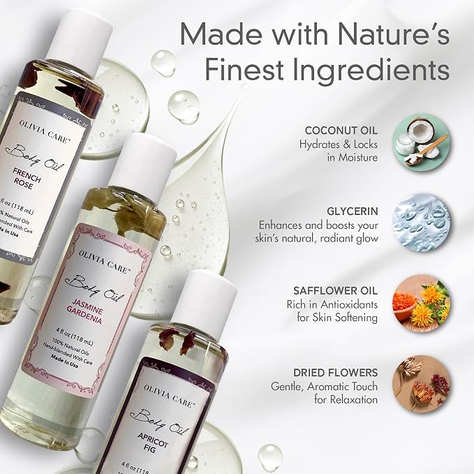 Olivia Care 3 Pack Body Oils: Apricot Fig, French Rose, Jasmine Gardenia - Image 6