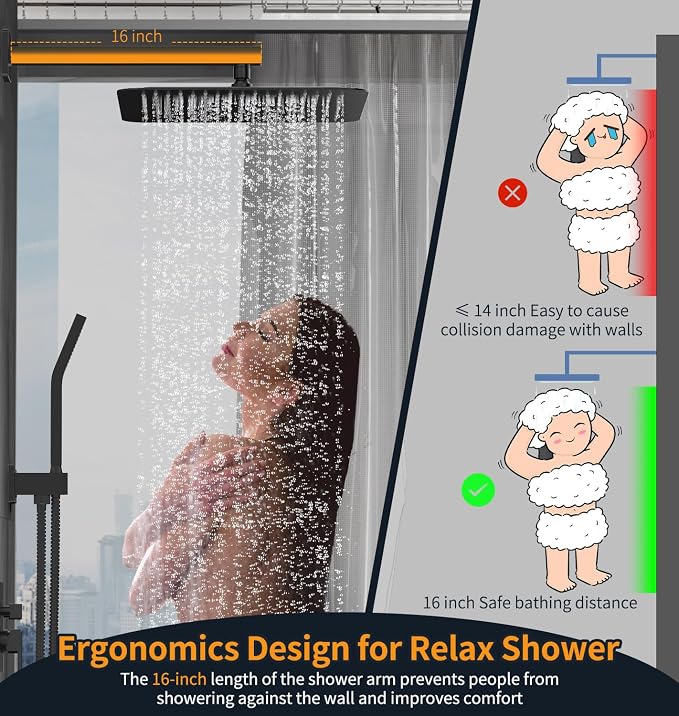 SR SUN RISE Matte Black Square Rainfall Shower Head and Handle Set, Wall - Image 7