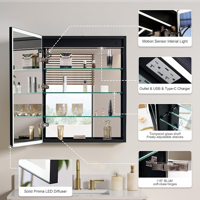 WELLFOR 24" X 30" LED Mirrored Medicine Cabinet, Medicine Cabinets - Image 11