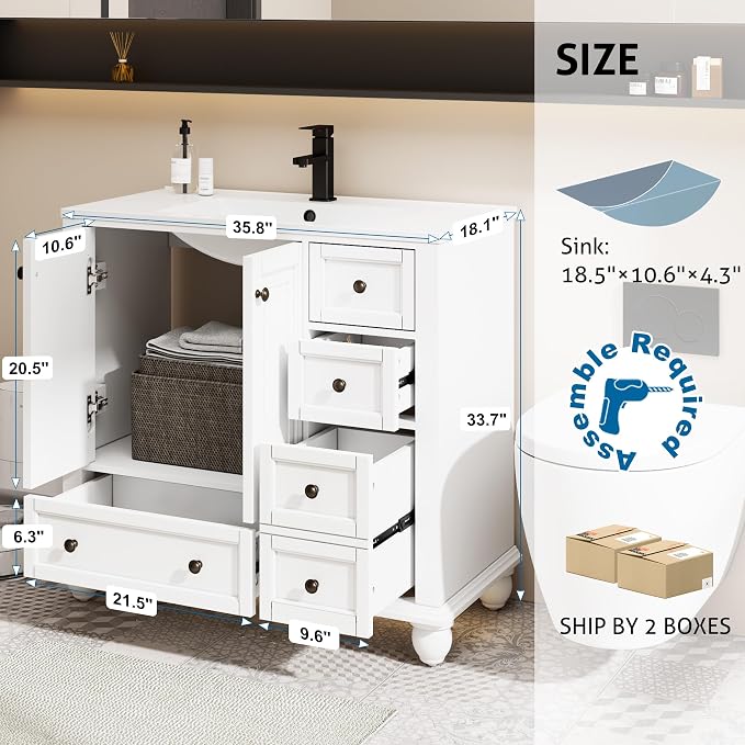 eclife 36" Bathroom Vanity Sink Combo Vintage Style - Image 2