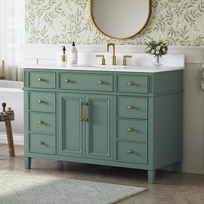 48" Bathroom Vanity with Sink, Sea Green Painted Vanity with Countertop & - Image 3