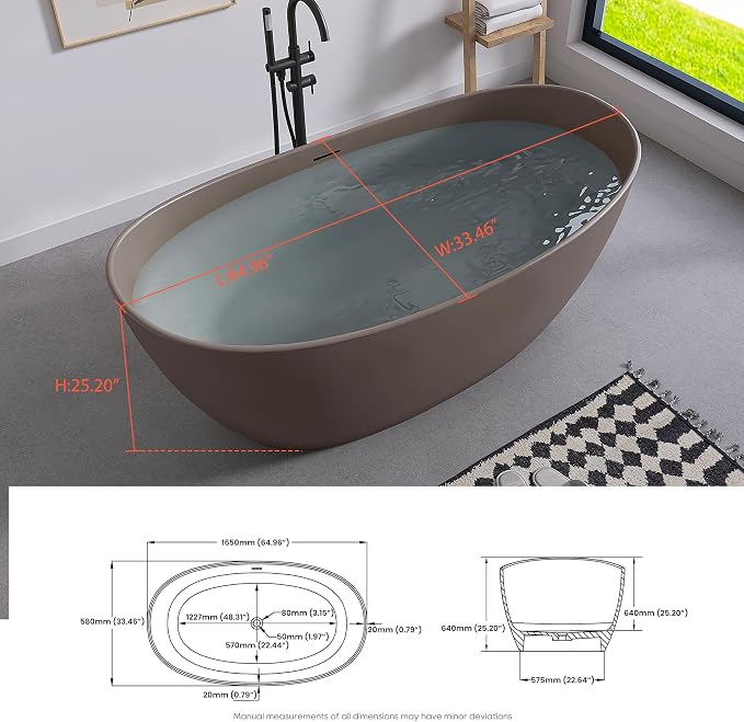 SJ STAR&JANE 65" Solid Surface Freestanding Bathtub Stone Resin Soaking Tub - Image 6