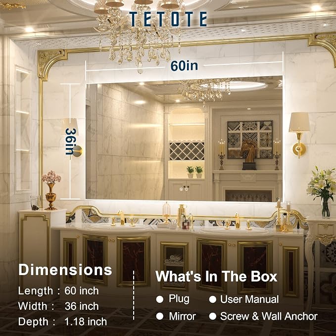 TETOTE 60 x 36 Inch LED Backlit Bathroom Vanity Mirror - Image 6