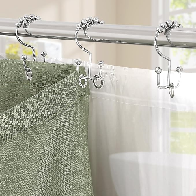 MitoVilla 3 in 1 Shower Curtain Set, Sage Green Boho Farmhouse Linen Textured - Image 4