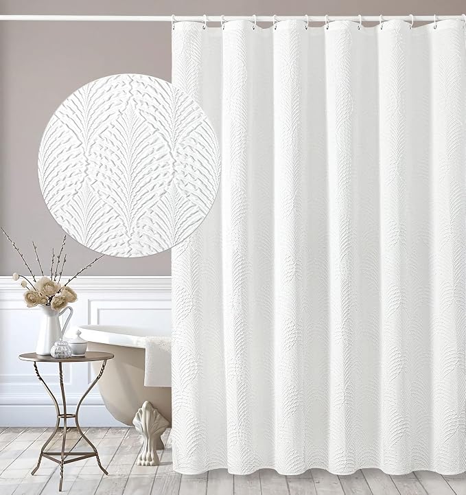 Gibelle Long Shower Curtain 72 x 78, Tall 3D Embossed Textured White Fabric by Gibelle