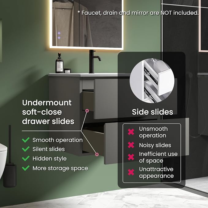 24" Bathroom Vanity with Sink, Modern Floating Vanity with Double Soft Closing - Image 6