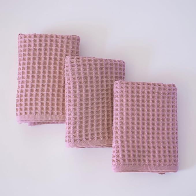 PÜSKÜL Organic Waffle Kitchen Towel 100% Turkish Cotton Set of 3 Pink - Image 8