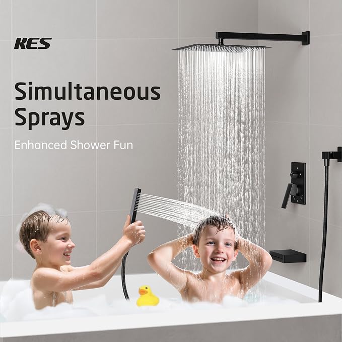 KES Black Shower Faucet Set Complete, 12 Inch Rainfall Shower Head - Image 4