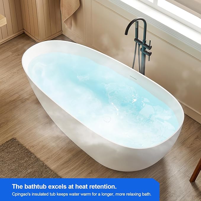 Cpingao 67" Stone Resin Freestanding Bathtub, Egg Shell Solid Surface Soaking - Image 5