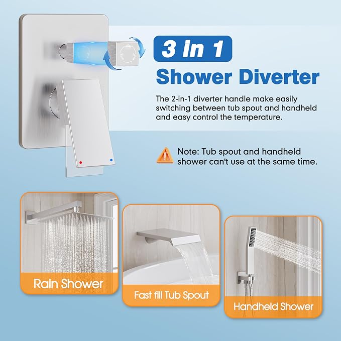 Shower System with Tub Spout, All Metal Tub Shower Faucet Set with 12-Inch Rain - Image 6
