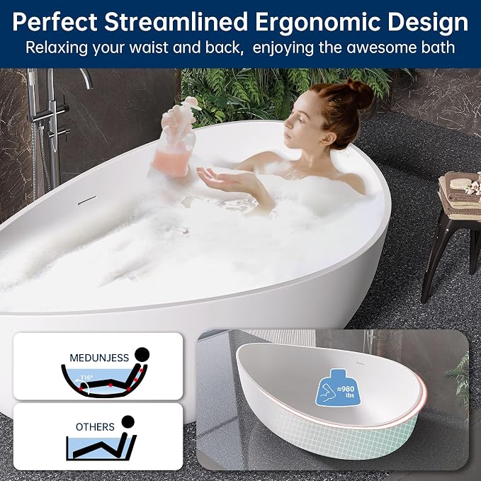 Stone Resin Freestanding Bathtub 71", Elegant Oval Shape Soaking Tub, Solid - Image 7