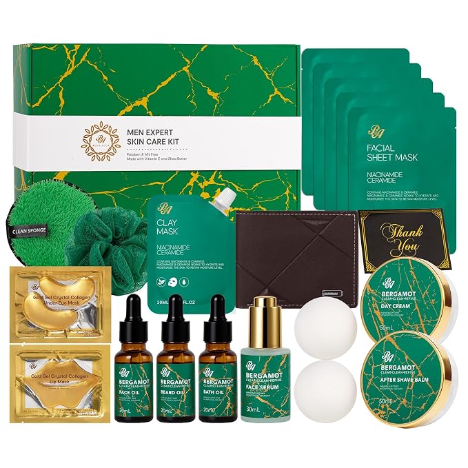 Men Bergamot Facial Skin Care Set, Bath and Body Gift Set, Beard Oil, Face Cream by RAROSAACCA