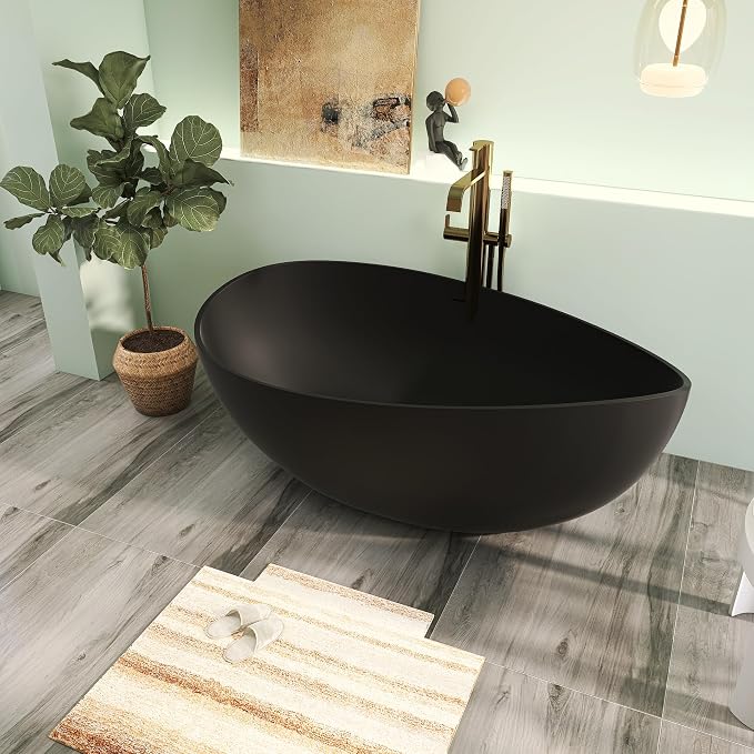 63" Premium Solid Surface Freestanding Bathtub, Contemporary Design Stand Alone - Image 3