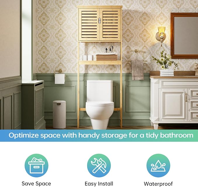 SMIBUY Bathroom Over The Toilet Storage Cabinet, 2 Door Bamboo Cabinet Organizer - Image 10