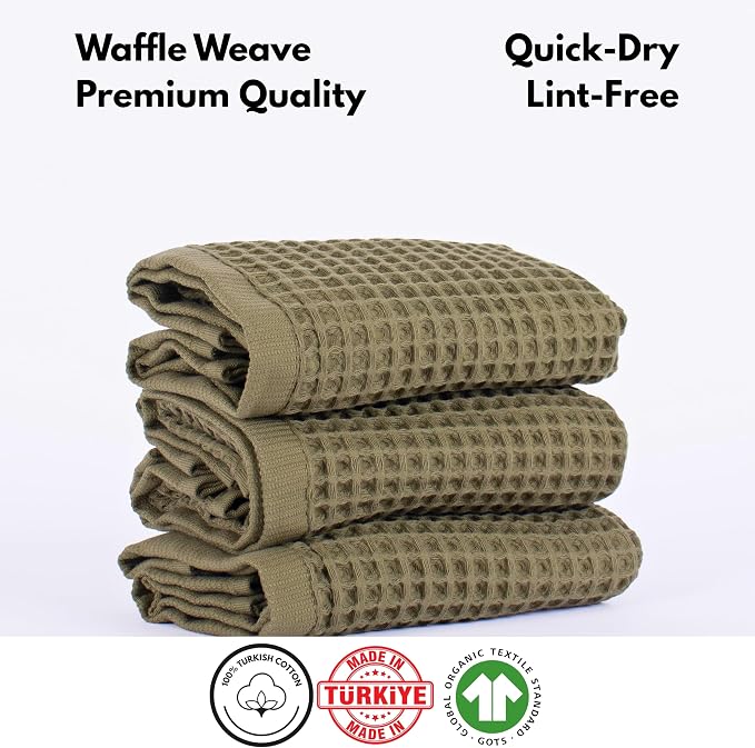 PÜSKÜL Organic Waffle Kitchen Towel 100% Turkish Cotton Set of 3 Khakie Green - Image 4