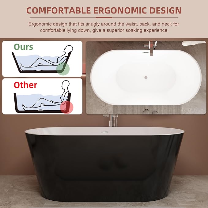 Black 67 inch Freestanding Soaking Bathtub, WHALEKING Modern Stand Alone Free - Image 2