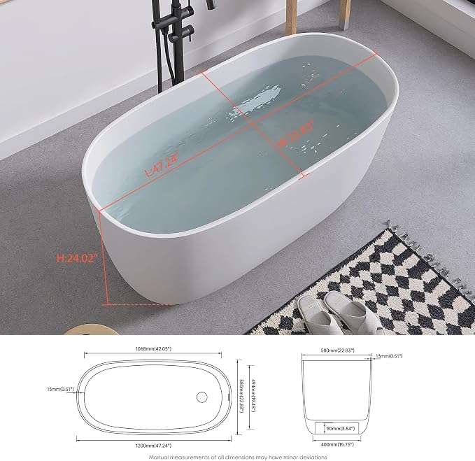 SJ STAR&JANE 47" Solid Surface Freestanding Bathtub Modern Stone Resin Oval - Image 8