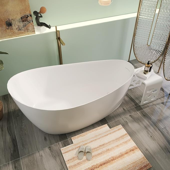Premium Unique 65" Solid Surface Freestanding Tub, Upgraded Matte White Stone - Image 2
