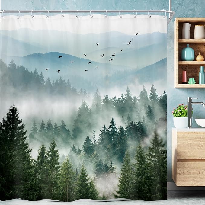 Riyidecor Rustic Green Mountain Shower Curtain by Riyidecor