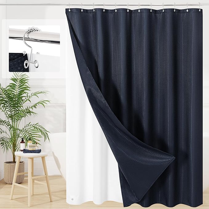 3 in 1 Extra Long Navy Blue Shower Curtain Set-72 W x 84 H, Modern Waffle and by Unknown