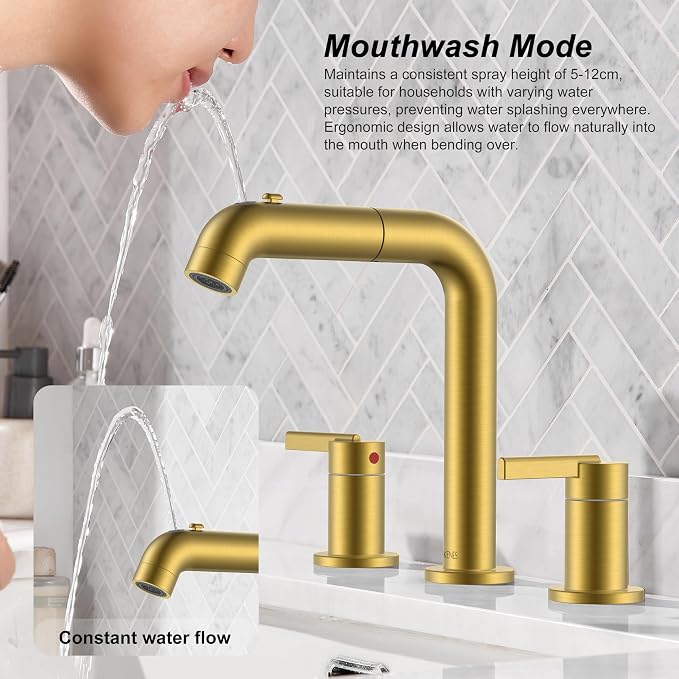 KENES Brushed Gold Pull Down Bathroom Faucet, 8 Inch 2 Handle Widespread - Image 4