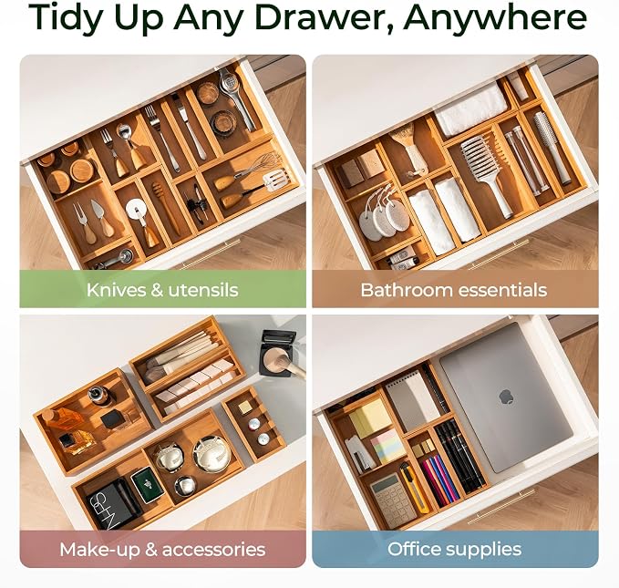 10-Piece Bamboo Drawer Organizer Set, 2.2" Deep Multi-Use Organizers - Image 4