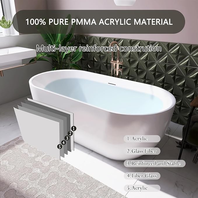 67" Free Standing Tub, Pure Acrylic Freestanding Bathtub, Stylish Stand Alone - Image 6