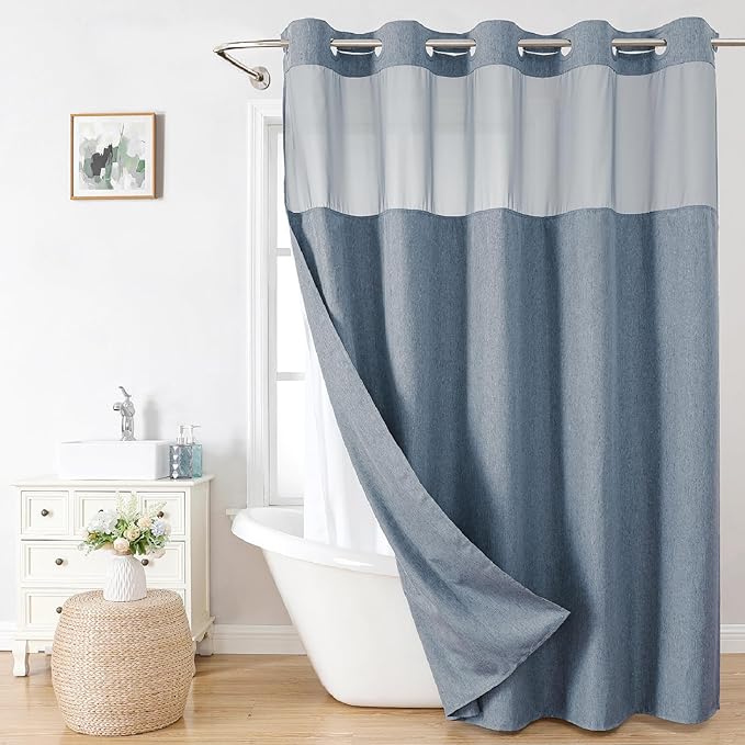 Extra Long No Hooks Needed Linen Textured Shower Curtain by EACHOPE