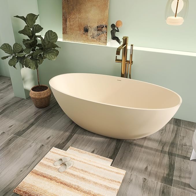 65" Premium Solid Surface Free Standing Bathtub, Upgraded Milky Coffee Design - Image 3
