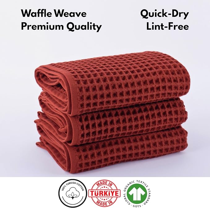 PÜSKÜL Organic Waffle Kitchen Towel 100% Turkish Cotton Set of 3 Red Brick - Image 4