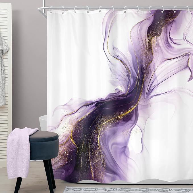 Cinbloo Purple Shower Curtain 60Wx72H Abstract Marble Ombre Gold Bathroom Decor - Image 2
