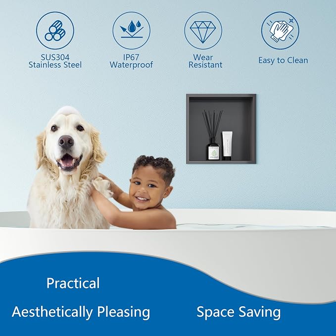 Neodrain 12X12Inch Shower Niche in Wall, Gun Metal Stainless Niche NO Tile - Image 4
