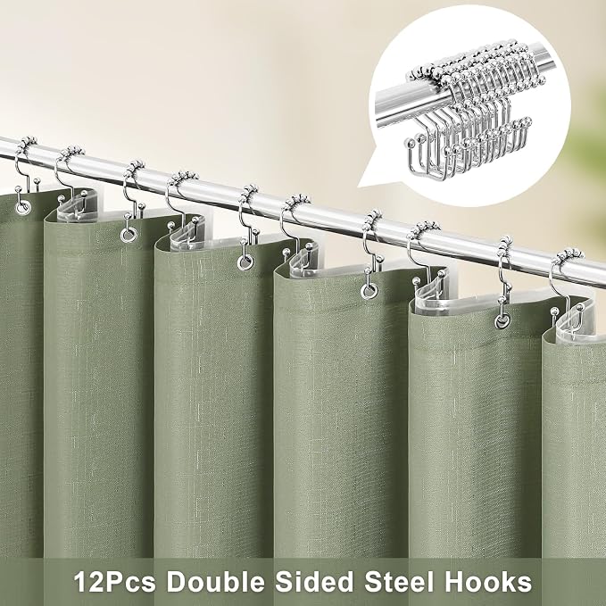 MitoVilla 3 in 1 Shower Curtain Set, Sage Green Boho Farmhouse Linen Textured - Image 2