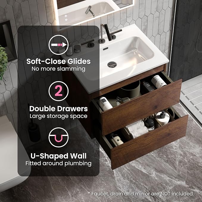 24" Bathroom Vanity with Sink, Modern Floating Vanity with Double Soft Closing - Image 5