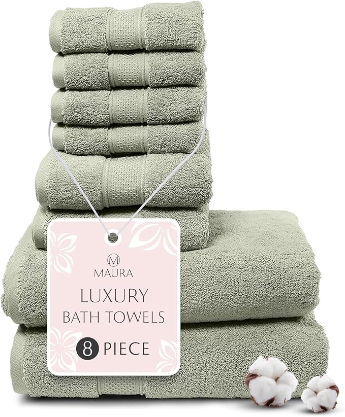 MAURA Sage Green Bath Towel Set of 8 by MAURA