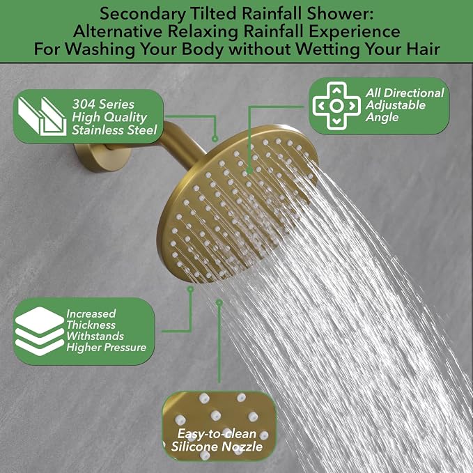VANFOXLE Thermostatic Shower Faucet Set Brushed Gold Shower System, Push Button - Image 3