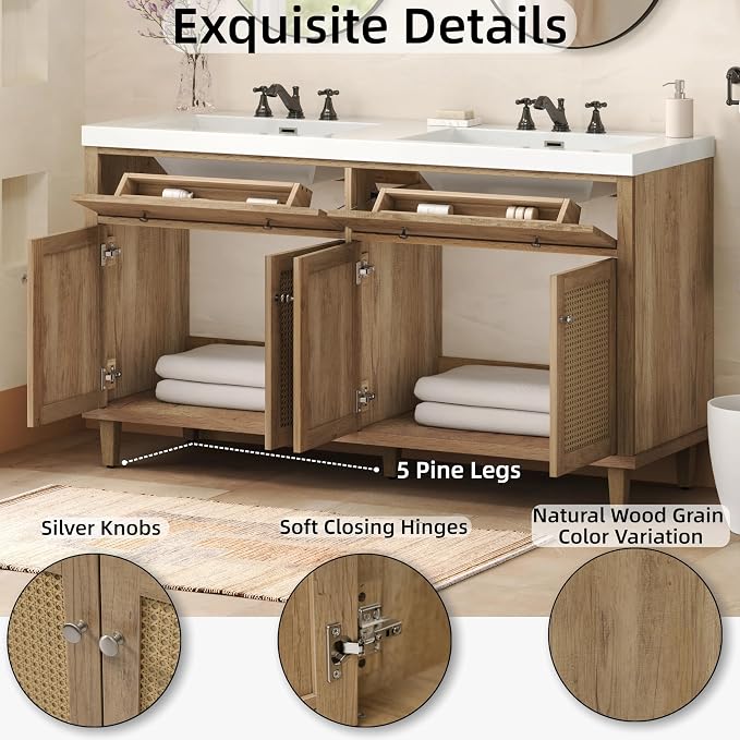 60 Inch Bathroom Vanity with Double SMC Sink Combo Set, Large Double Sink - Image 3