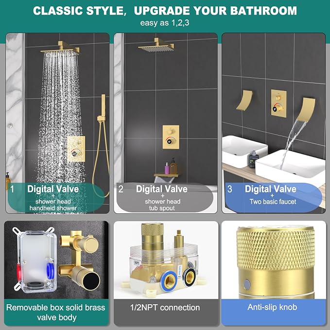 Digital Shower Valve 3 Way Diverter Temperature Display Shower Mixer 3-Function - Image 5