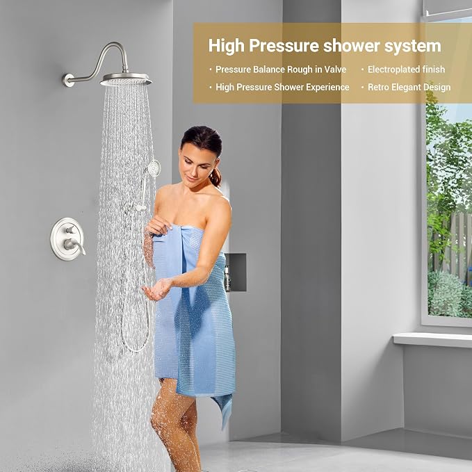 DASAN Brushed Nickel Rain Shower System Complete Antique Shower Faucet Sets - Image 2
