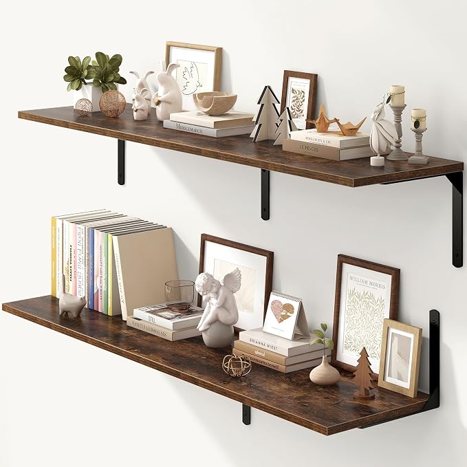 Fun Memories Rustic Brown 12 Inch Deep Floating Shelves Set of 2, Wall Mounted by FunMemories
