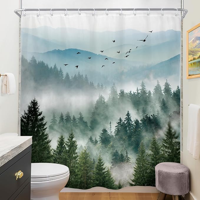 Riyidecor Green Mountain Shower Curtain 72Wx84H Inch Extra Long Nature Scenery - Image 4