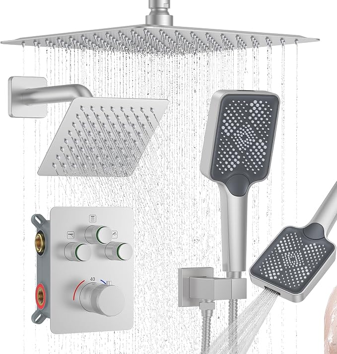 KOJOX Brushed Nickel Thermostatic Shower System, Push Button Diverter Shower by KOJOXSANITARY