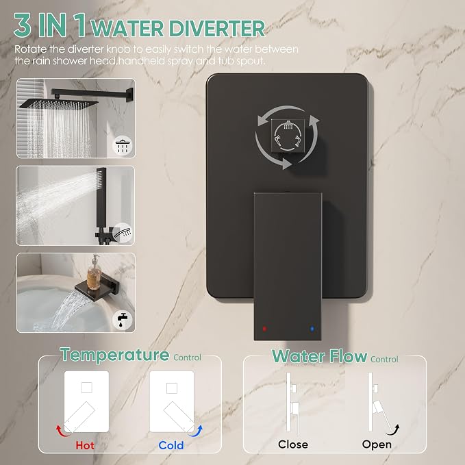 Black Shower System with Tub Spout, All Metal Tub Shower Faucet Set with 10" - Image 8