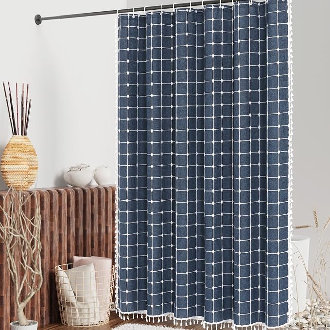MitoVilla 72 x 84 Navy Blue Boho Extra Long Shower Curtain, Farmhouse 84 inch - Image 2