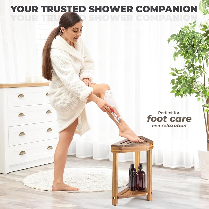 BLUEWEST 16.4" Shower Foot Rest, Corner Shower Stool, Wooden Shower Foot Stool - Image 4